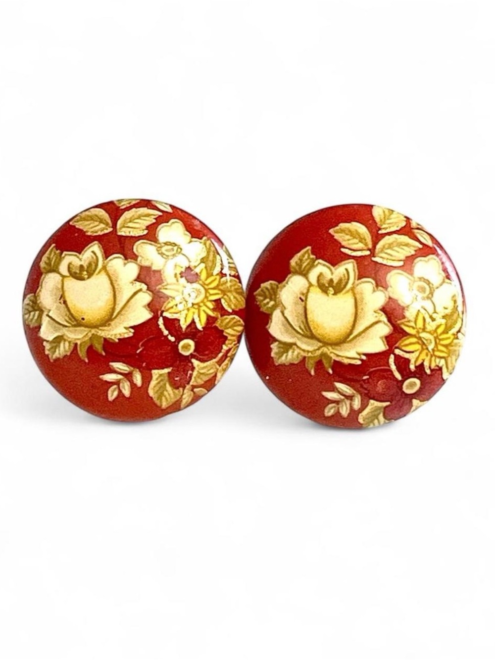 Monet Vintage Red Floral Button Stud Earrings Japanese Tensha Style Ivory Gold